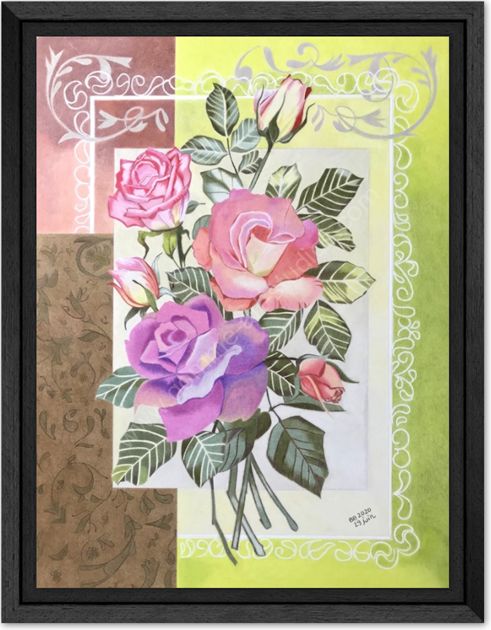 sweet-avalanche-caisse-americaine Sweet Avalanche - Roses aux crayons de couleur par l'artiste BB encadrées d'une caisse américaine.