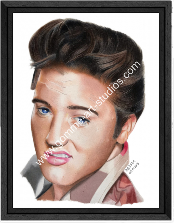 Love Me Tender - Portrait d'Elvis Presley aux crayons de couleur par BB - Caisse américaine.