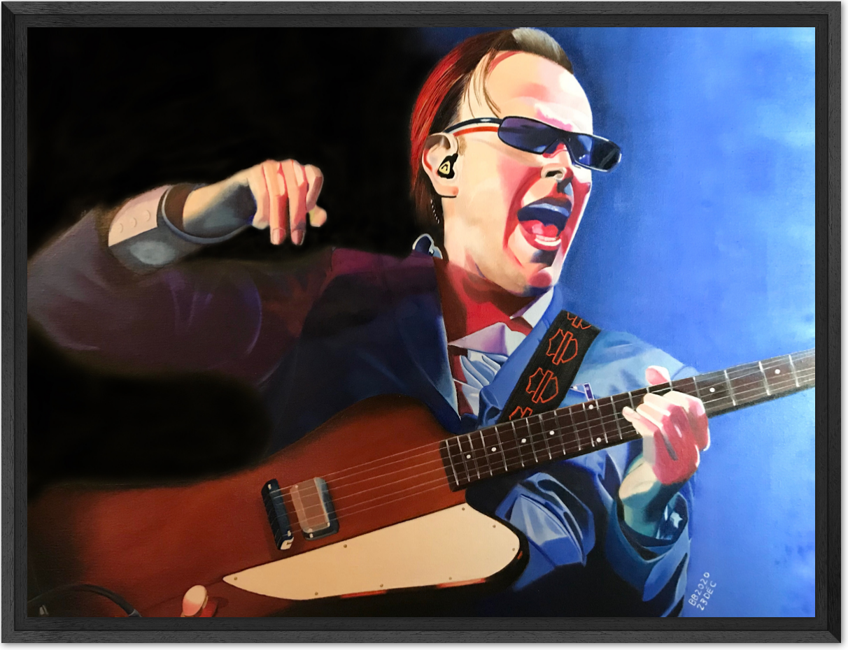 Another Song of Yesterday - Peinture à l'huile de Joe Bonamassa par BB - 73 x 92 cm - Encadrement caisse américaine.