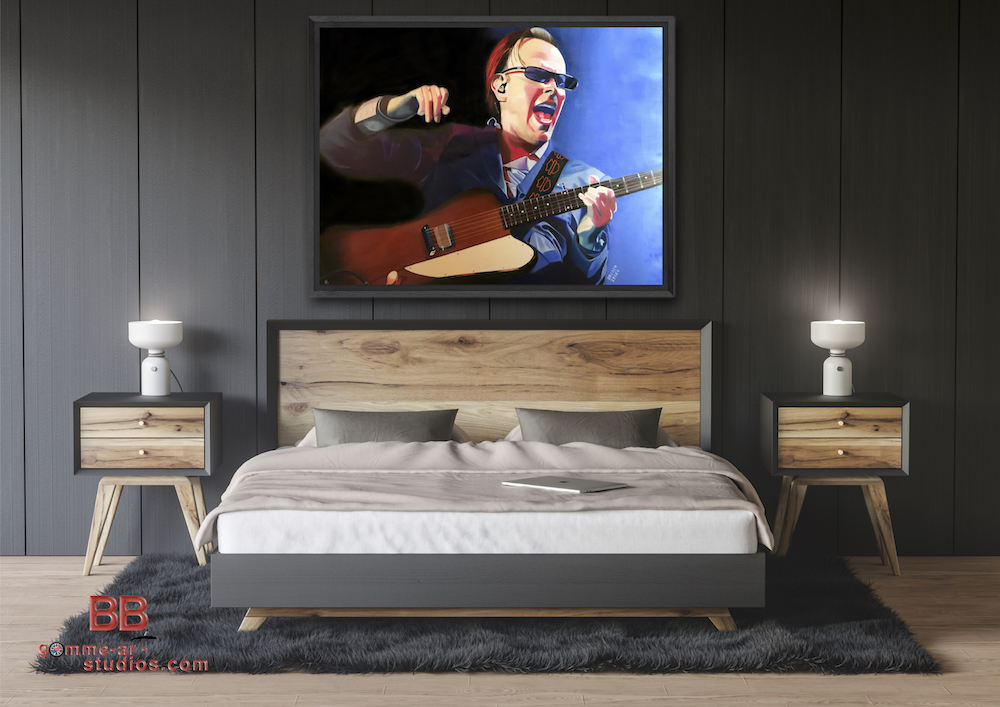 Another Song of Yesterday - Peinture à l'huile de Joe Bonamassa par BB - 73 x 92 cm - Exposé sur le mur d'une chambre à coucher.