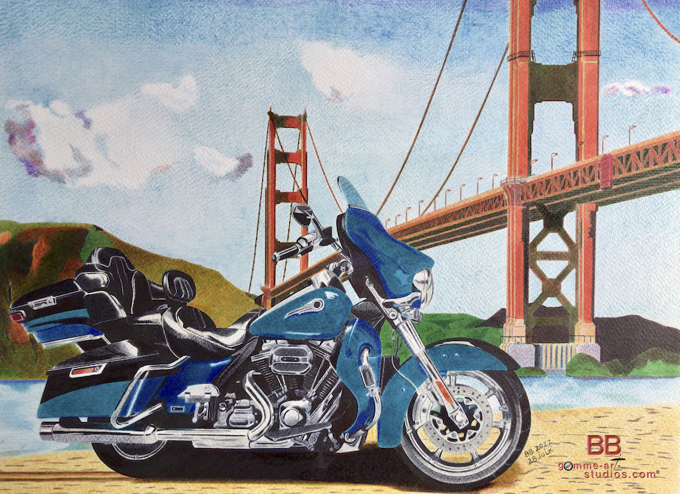 CVO SFO - CVO devant le Golden Gate Bridge - Stylos à bille couleur par l'artiste BB - Format 31 x 41 cm.