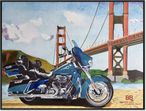 CVO SFO - CVO devant le Golden Gate Bridge - Stylos à bille couleur par l'artiste BB - Format 31 x 41 cm - Artbox noire.