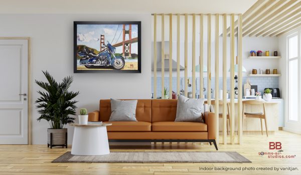 CVO SFO - CVO devant le Golden Gate Bridge - Stylos à bille couleur par l'artiste BB - Format 31 x 41 cm - Tableau mis en situation dans un salon.