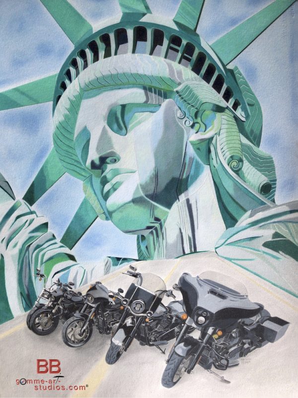 Liberty Hog - Statue de la liberté et Harley-Davidson par l'artiste BB - Crayons de couleur - Format 76 x 56 cm.