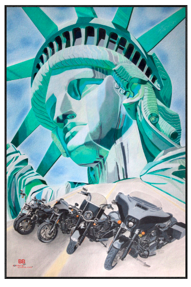 Liberty Hog reproduction - Statue de la liberté et Harley-Davidson par l'artiste BB - Crayons de couleur - Artbox.
