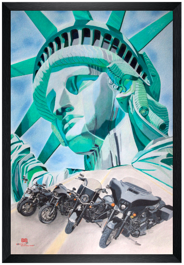 Liberty Hog reproduction - Statue de la liberté et Harley-Davidson par l'artiste BB - Crayons de couleur - Cadre noir.