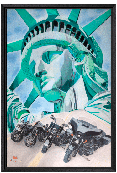 Liberty Hog reproduction - Statue de la liberté et Harley-Davidson par l'artiste BB - Crayons de couleur - Caisse américaine.