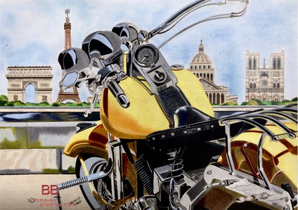 Paris Hog - Harley-Davidson face à la Seine et aux monuments de Paris par l'artiste BB - Crayons de couleur - Format 30 x 42 cm.