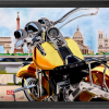 Paris Hog reproduction - Harley-Davidson face à la Seine et aux monuments de Paris par l'artiste BB - Crayons de couleur - Caisse américaine..