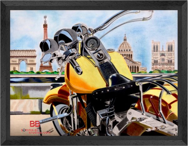 Paris Hog reproduction - Harley-Davidson face à la Seine et aux monuments de Paris par l'artiste BB - Crayons de couleur - Caisse américaine..