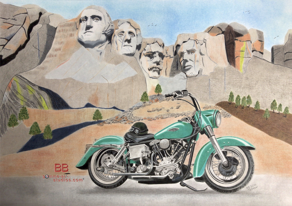 Rushmore Hog - Harley-Davidson face au Mont Rushmore - Crayons de couleur sur Canson par l'artiste BB - 30 x 42 cm.