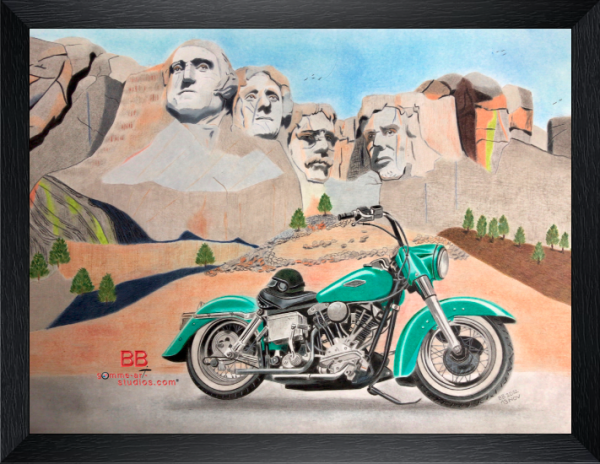 Rushmore Hog - Harley-Davidson face au Mont Rushmore - Crayons de couleur sur Canson par l'artiste BB - 30 x 42 cm - Cadre noir.