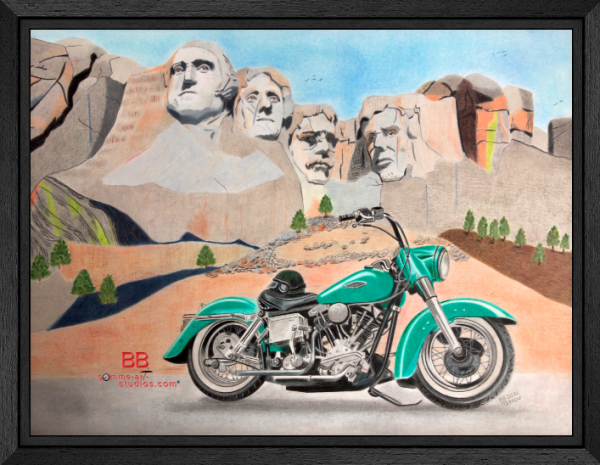 Rushmore Hog - Harley-Davidson face au Mont Rushmore - Crayons de couleur sur Canson par l'artiste BB - 30 x 42 cm - Caisse américaine noire.