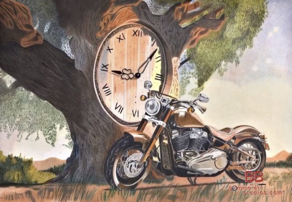 Time Flies - Paysage onirique montrant une Harley-Davidson auprès d'un arbre dans lequel est insérée une horloge géante - Crayons de couleur sur papier Clairefontaine par l'artiste BB - 40 x 30 cm.