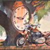 Time Flies - Paysage onirique montrant une Harley-Davidson auprès d'un arbre dans lequel est insérée une horloge géante - Crayons de couleur sur papier Clairefontaine par l'artiste BB - 40 x 30 cm - ArtBox noire.