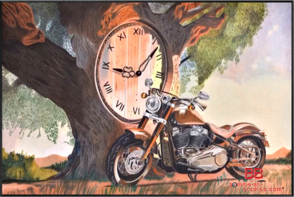 Time Flies - Paysage onirique montrant une Harley-Davidson auprès d'un arbre dans lequel est insérée une horloge géante - Crayons de couleur sur papier Clairefontaine par l'artiste BB - 40 x 30 cm - ArtBox noire.