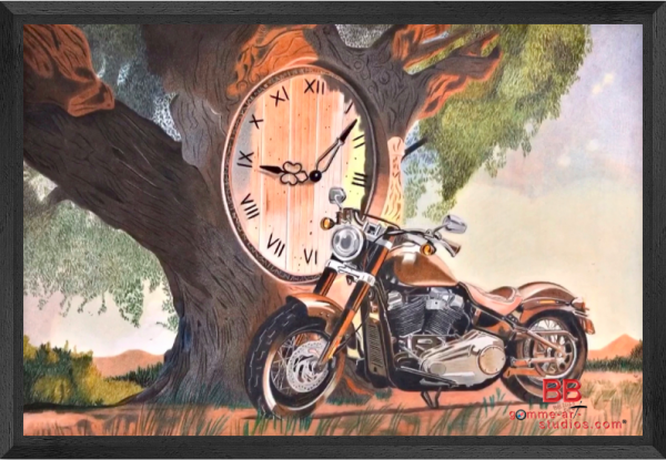 Time Flies - Paysage onirique montrant une Harley-Davidson auprès d'un arbre dans lequel est insérée une horloge géante - Crayons de couleur sur papier Clairefontaine par l'artiste BB - 40 x 30 cm - Caisse américaine noire.