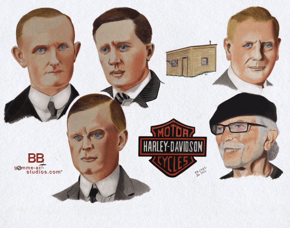 120 Years Ago - Portrait des 4 fondateurs de la marque Harley-Davidson et d'un de leurs descendants, Willie G. Davidson - Crayons de couleur sur papier Clairefontaine par l'artiste BB - 40 x 30 cm.