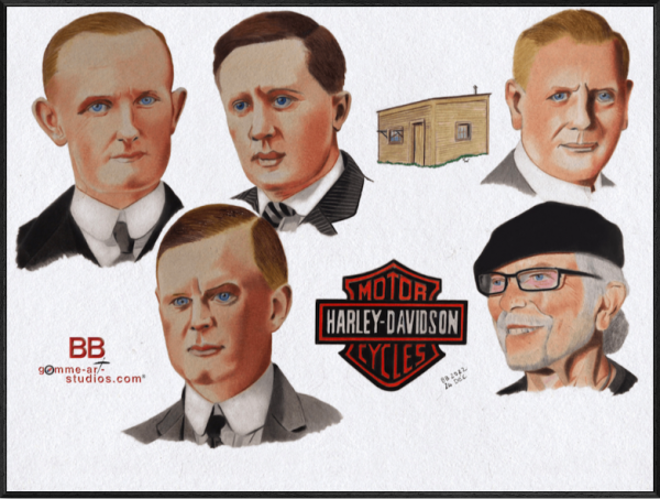 120 Years Ago - Portrait des 4 fondateurs de la marque Harley-Davidson et d'un de leurs descendants, Willie G. Davidson par l'artiste BB - Artbox noire.