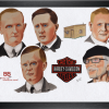 120 Years Ago - Portrait des 4 fondateurs de la marque Harley-Davidson et d'un de leurs descendants, Willie G. Davidson par l'artiste BB - Cadre noir.
