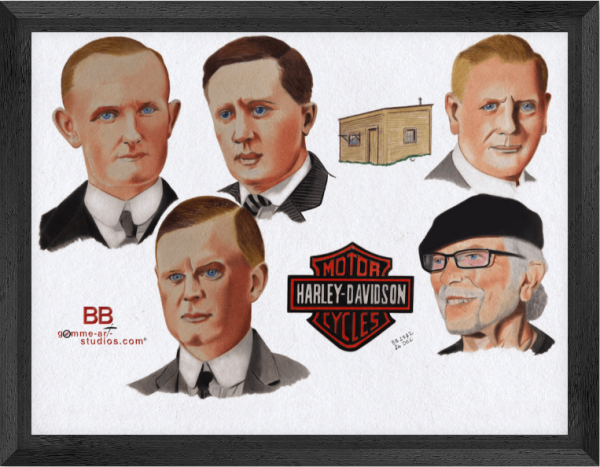 120 Years Ago - Portrait des 4 fondateurs de la marque Harley-Davidson et d'un de leurs descendants, Willie G. Davidson par l'artiste BB - Caisse américaine noire.