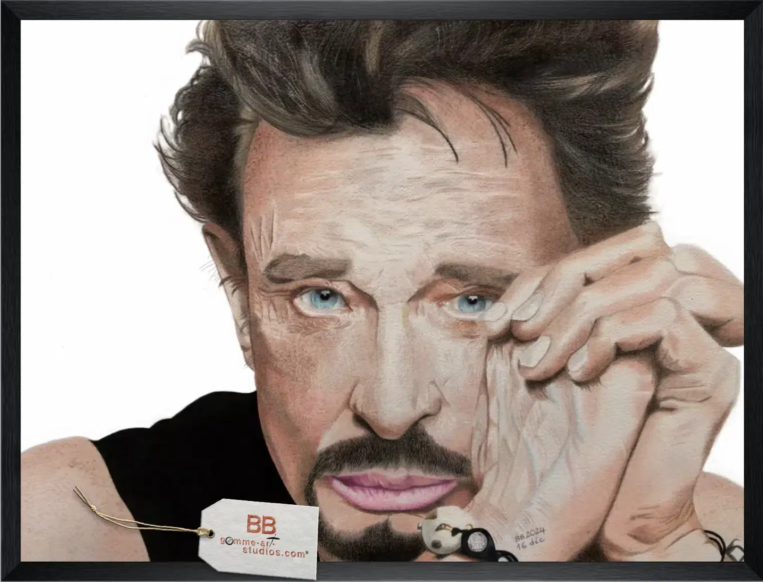 ma-gueule-16dec2024-cadre-etiquette-gas-repro Ma gueule reproduction - Portrait de Jonhnny Hallyday aux crayons de couleur - Cadre bois noir.