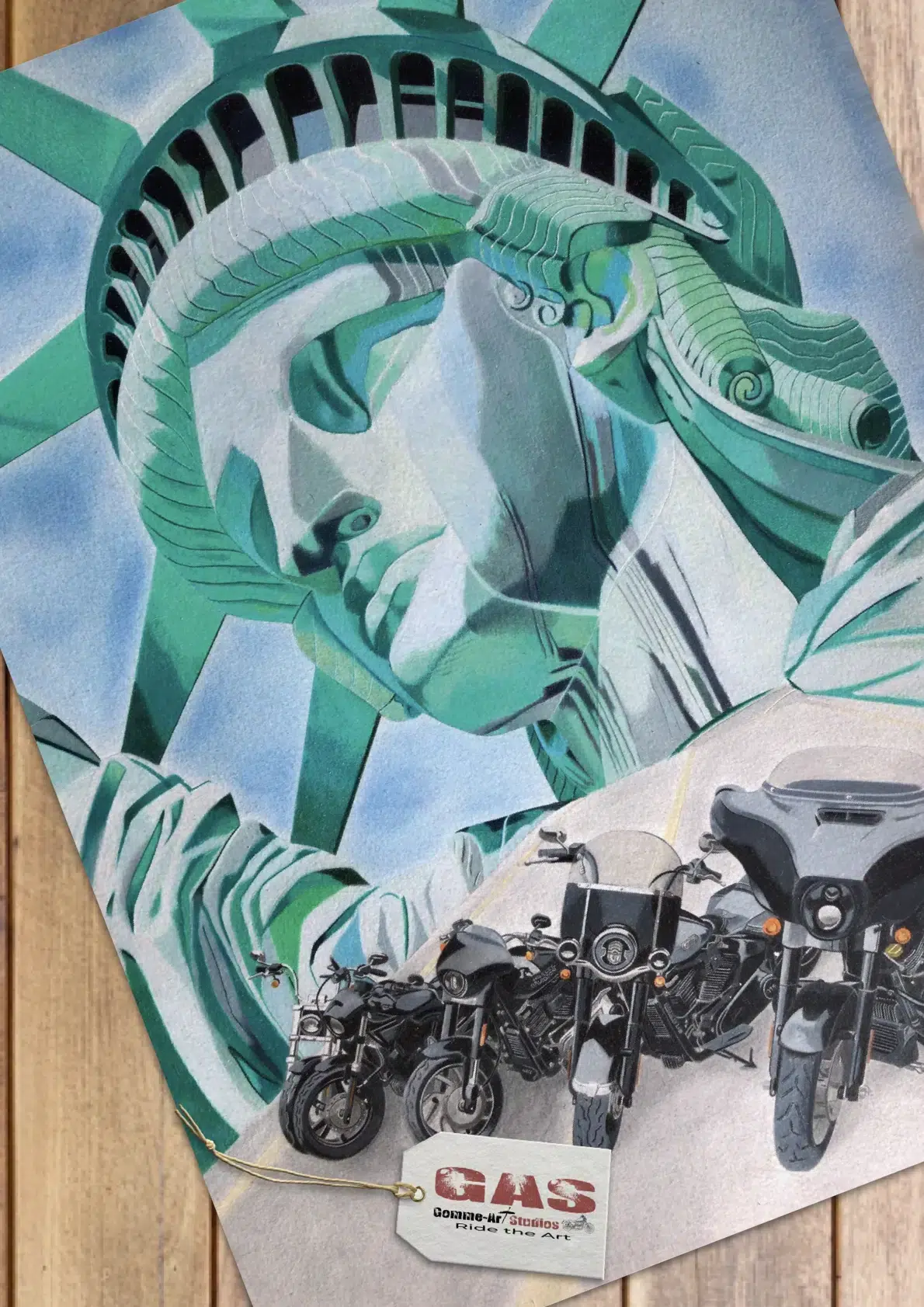 Liberty Hog - Statue de la liberté et Harley-Davidson par l'artiste BB - Crayons de couleur - Format 76 x 56 cm.