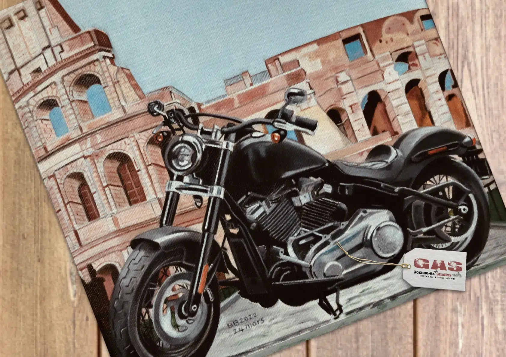 Softail Slim Colosseo - Peinture à l'huile d'un Softail Slim devant le Colisée de Rome par BB.