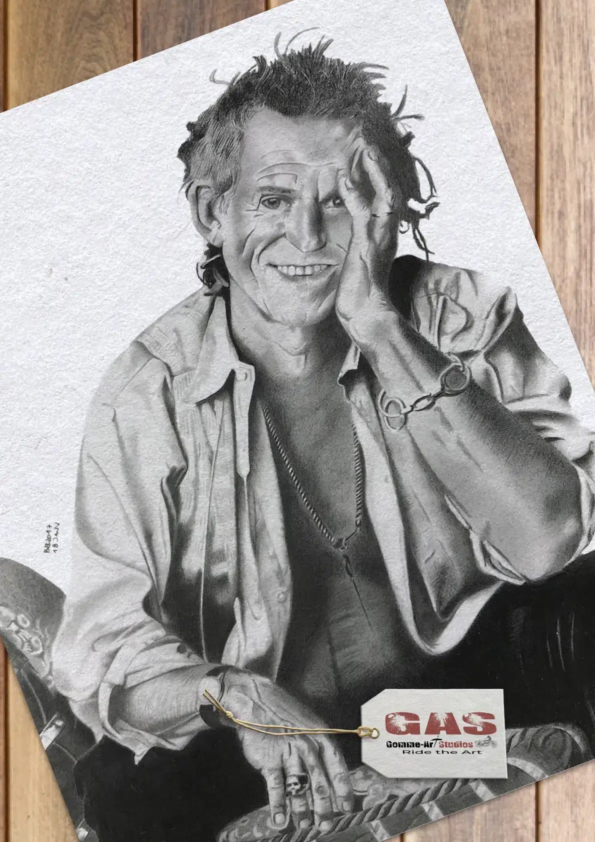 Keith Richards : portrait mine graphite, fond pastel sec sur papier cartonné grain satin format 42 x 46 cm