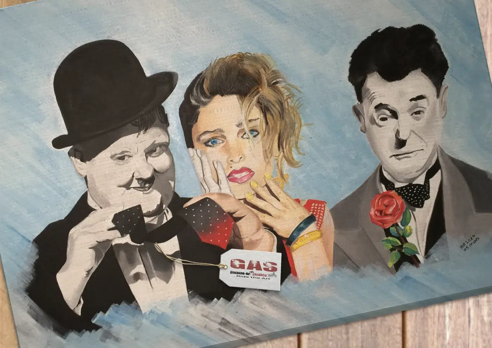 themes-autres-pourquoi-ne-maimes-tu-pas-05mars-2017 Pourquoi ne m'aimes-tu pas ? Laurel et Hardy + Madonna - Acrylique sur toile - Format 65 x 50 cm - Réalisé par l'artiste BB - Fait partie des tableaux récompensés.