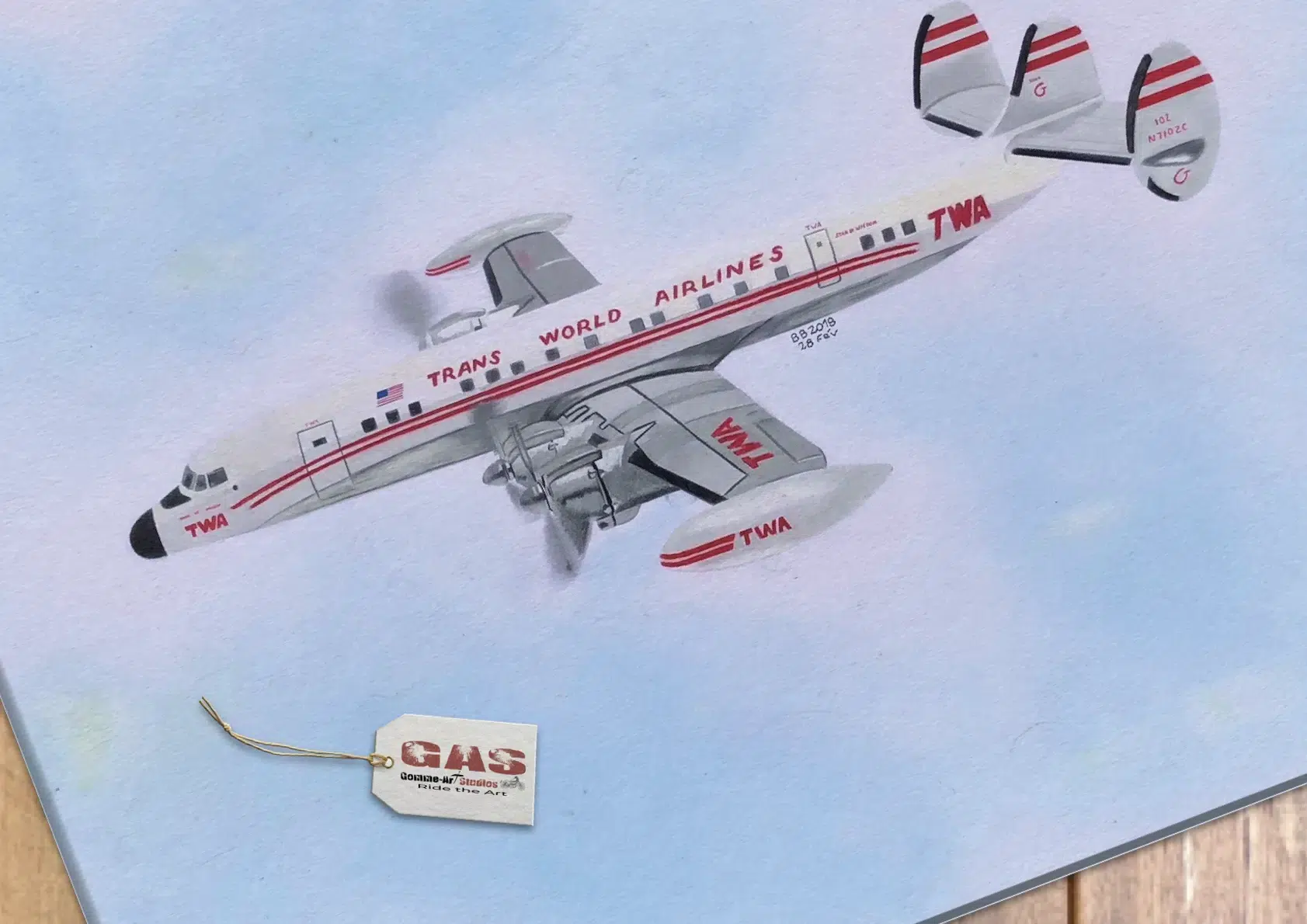 themes-autres-super-constellation-twa-28fév2018 Super Constellation TWA - 65 x 50 cm - Réalisé aux crayons de couleurs par l'artiste BB.