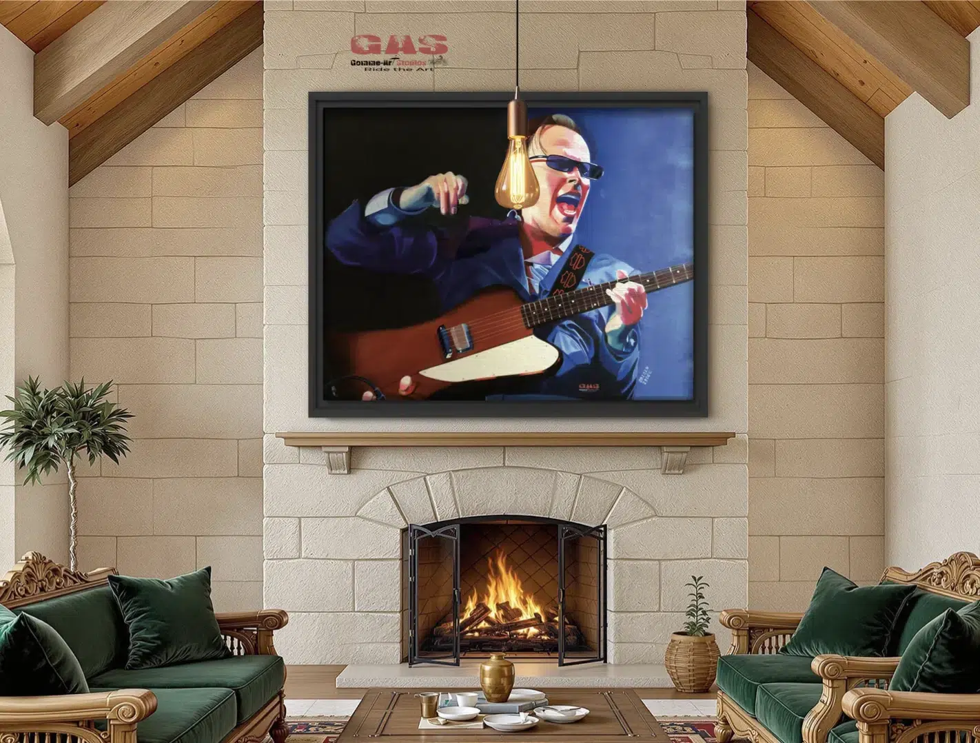 autres-theme-another-song-of-yesterday-23dec2020-mise-en-situation-gomme-art-studios Peinture à l'huile représentant le bluesman guitariste Joe Bonamassa. La peinture est encadrée dans une caisse américaine noire. Elle est accrochée au mur d'un salon. Le mur est en pierre. Le tableau est au-dessus de la cheminée. La peinture a été réalisée par l'artiste, BB de Gomme-art Studios.