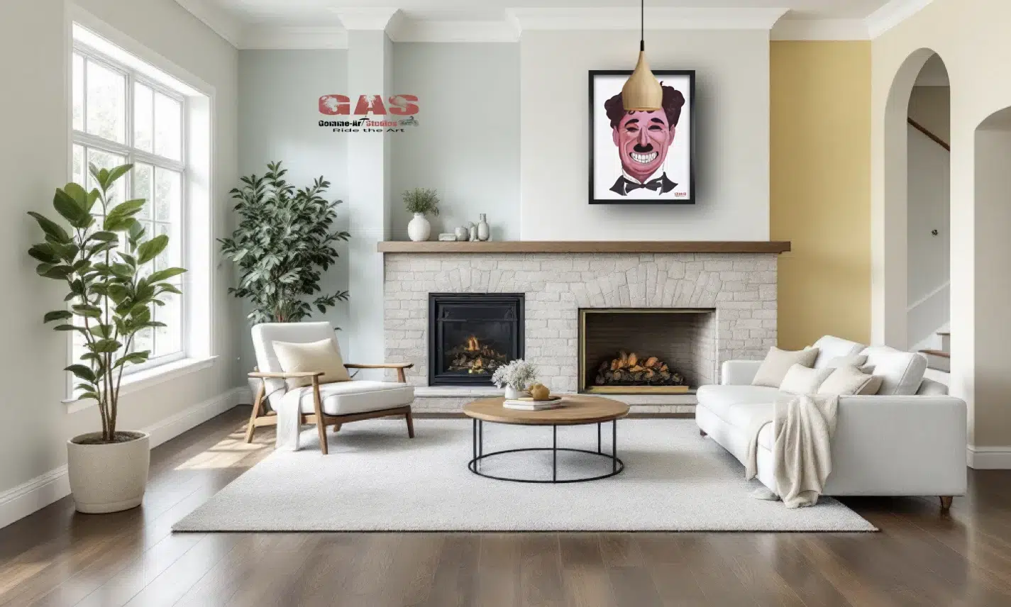Caricature à l'acrylique de Charlie Chaplin. Caricature encadrée par un cadre noir et accrochée sur le mur d'un salon, au-dessus d'une cheminée. Caricature réalisée par l'artiste BB de Gomme-art Studios.