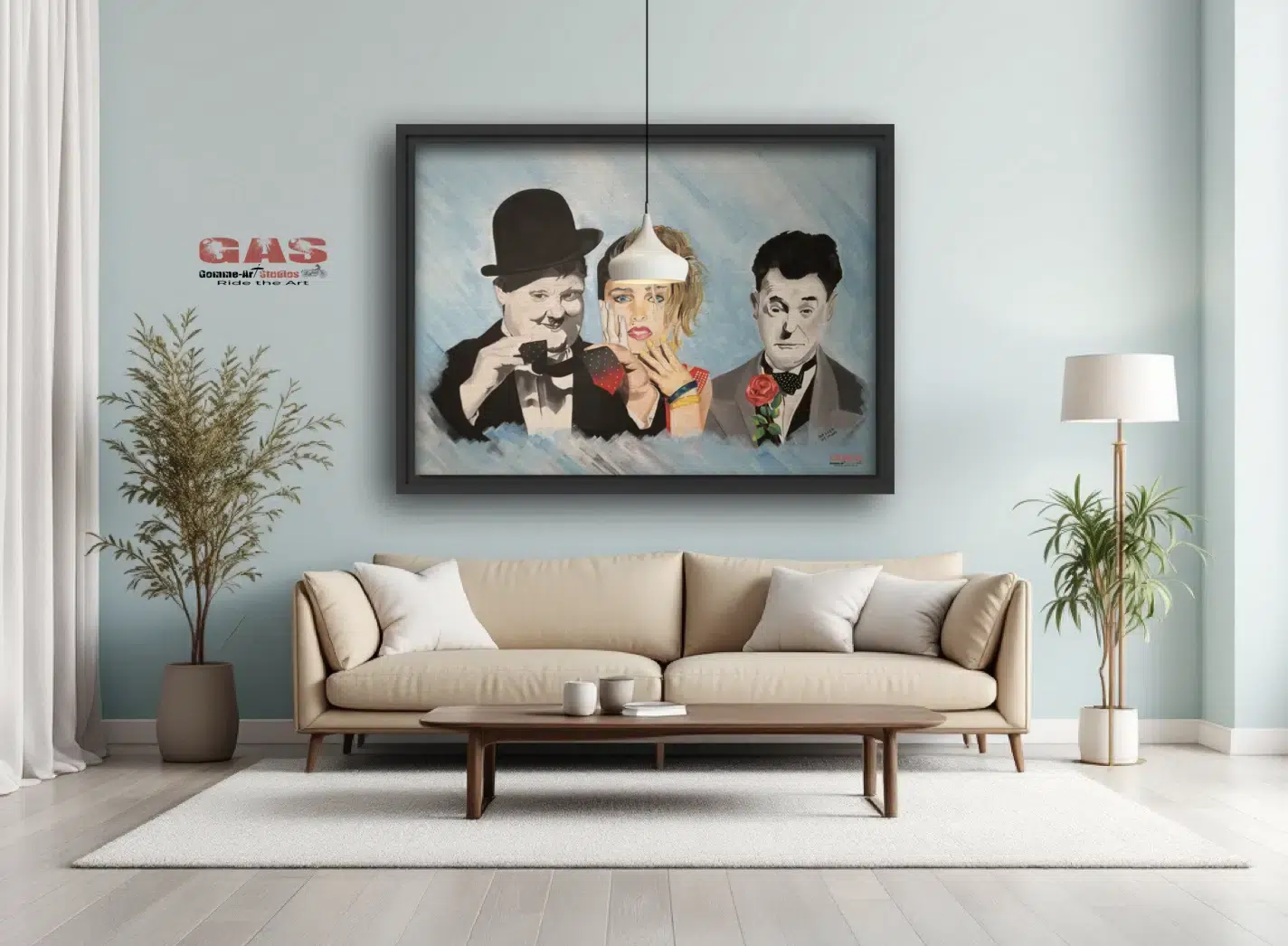 autres-themes-pourquoi-ne-m-aimes-tu-pas-05mars2017-mise-en-situation-gomme-art-studios Acrylique représentant une scène anachronique réunissant les personnages de Laurel, Hardy et Madonna. Laurel est triste. Il porte une rose. Madonna ne l'aime pas. Hardy est heureux. Madonna se tient tout près de lui. Laurel et Hardy sont en noir et blanc. Madonna est en couleur. La partie de Madonna proche de Hardy est en noir et blanc. Le bout de la cravate de Hardy est en couleur. Laurel est en noir et blanc. Sa rose est en couleur. Peinture réalisée par l'artiste BB de Gomme-art Studios.