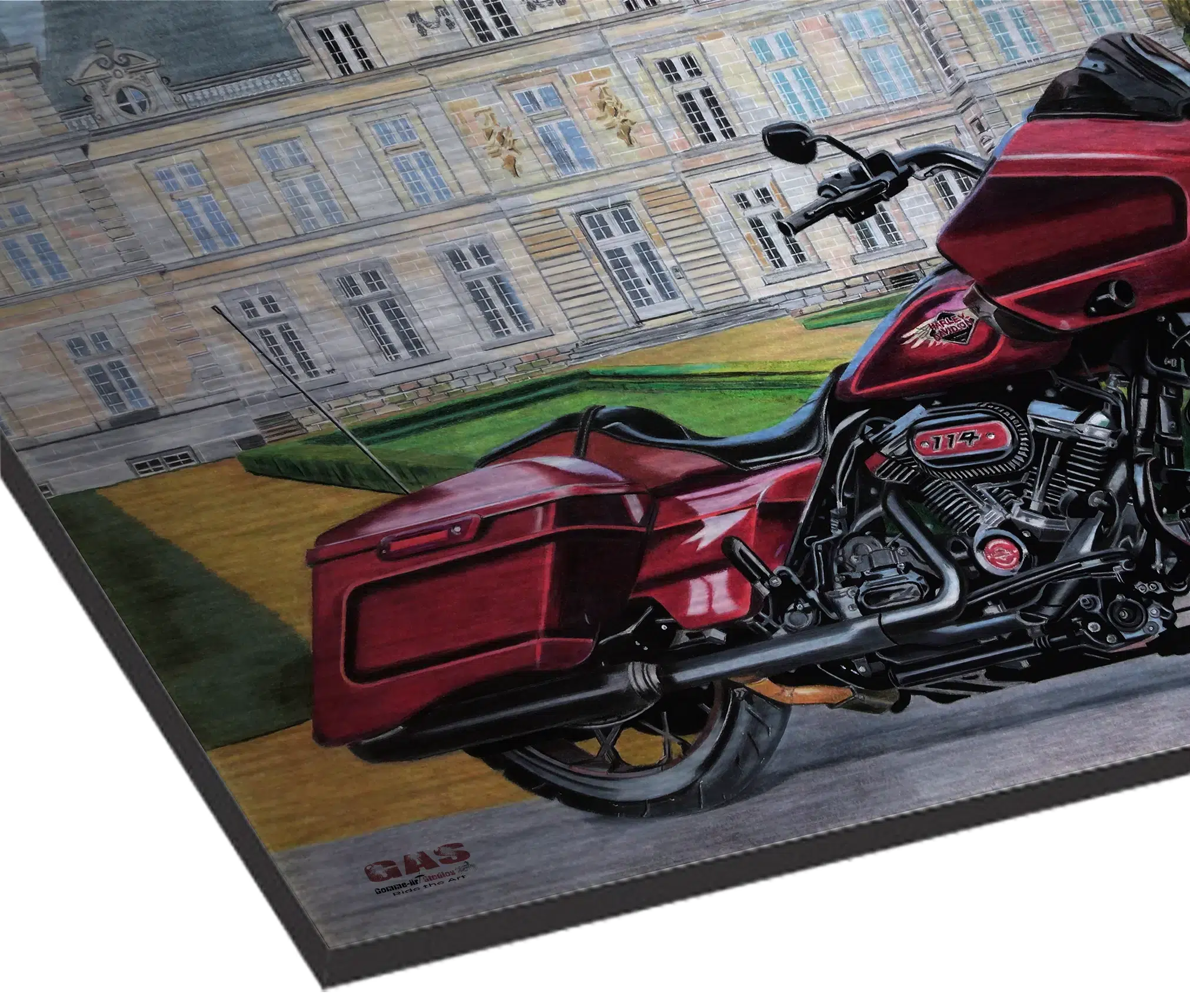 harley-road-glide-raray-02dec2024-alu-dibond-gomme-art-studios Tableau en format paysage représentant un Road Glide de chez Harley, spécial 120e anniversaire, garé devant le château de Raray (Oise). Crayons de couleur. Tableau sur Alu-Dibond. Réalisation du tableau par l'artiste BB de Gomme-art Studios.