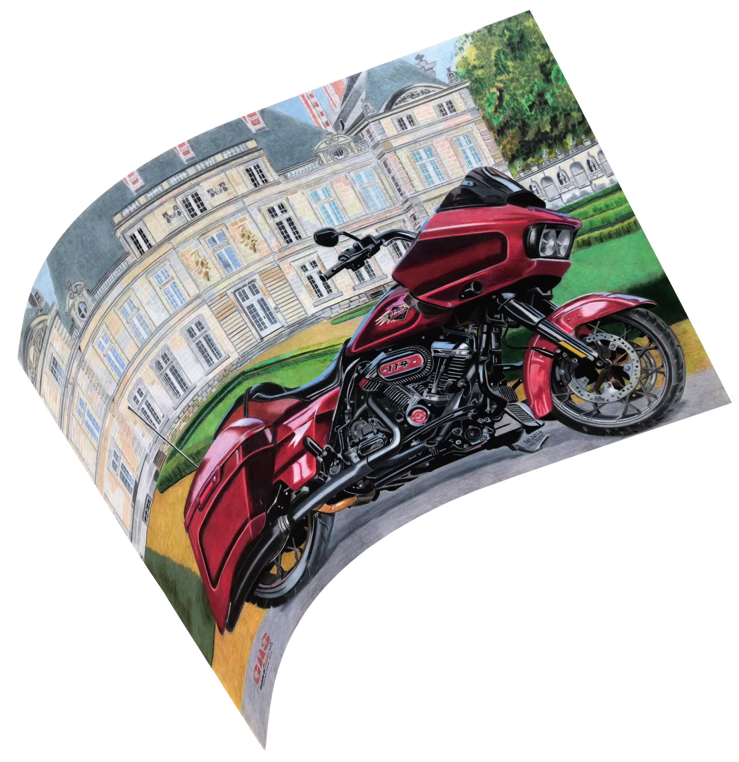 harley-road-glide-raray-02dec2024-hahnemuhle-gomme-art-studios Tableau en format paysage représentant un Road Glide de chez Harley, spécial 120e anniversaire, garé devant le château de Raray (Oise). Crayons de couleur. Tableau sur papier Hahnemühle. Réalisation du tableau par l'artiste BB de Gomme-art Studios.
