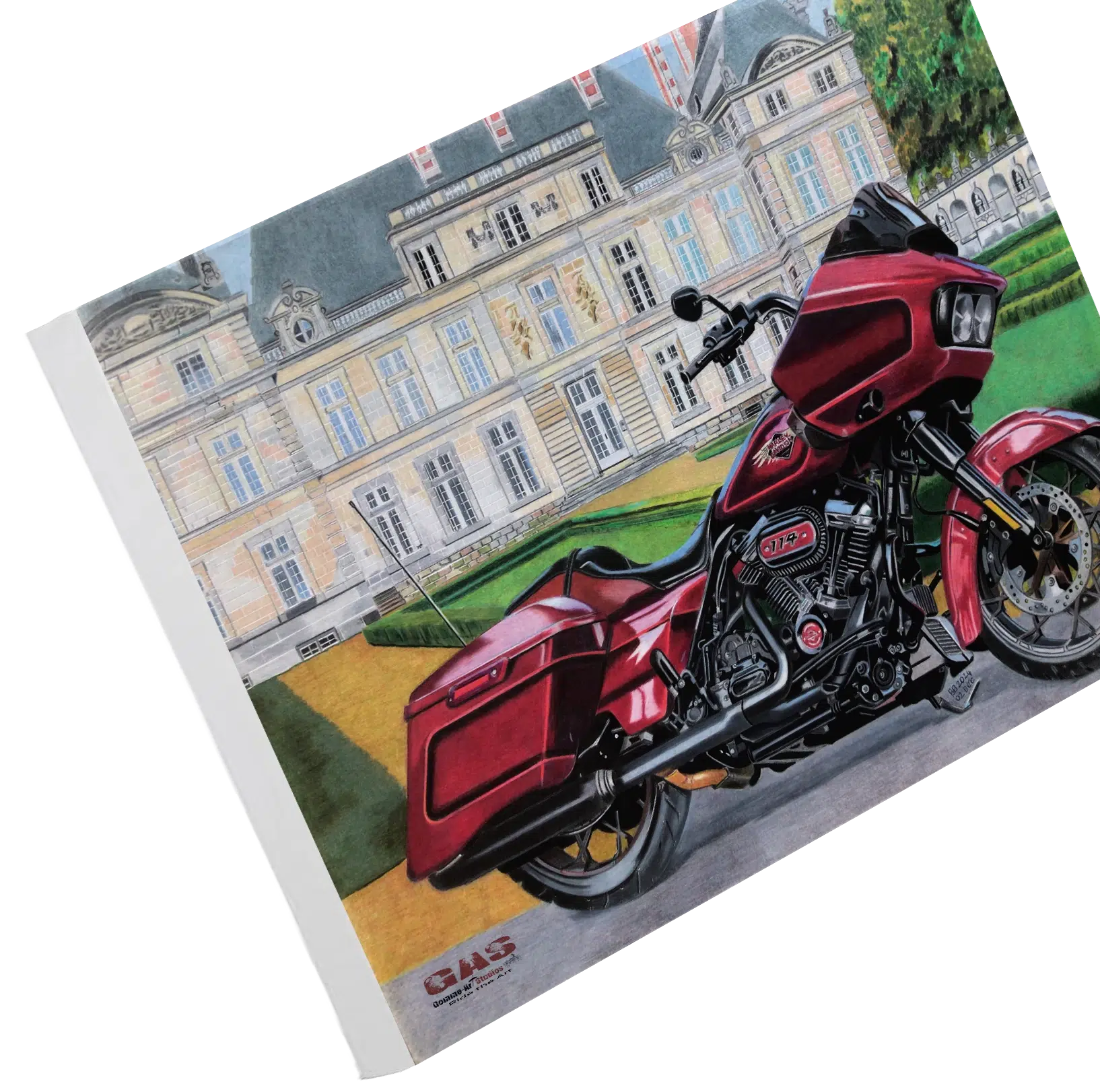 harley-road-glide-raray-02dec2024-toile-sur-chassis-gomme-art-studios Tableau en format paysage représentant un Road Glide de chez Harley, spécial 120e anniversaire, garé devant le château de Raray (Oise). Crayons de couleur. Tableau sur toile sans cadre. Réalisation du tableau par l'artiste BB de Gomme-art Studios.