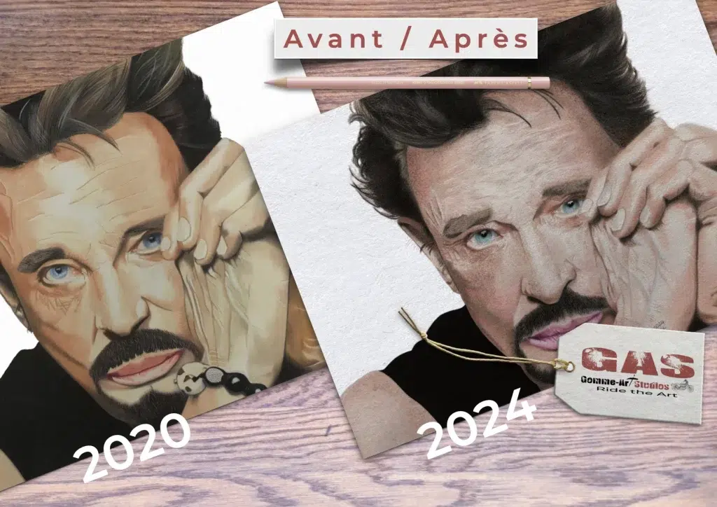 ma-gueule-avant-après-2020-2024 Ma gueule - Portrait aux crayons de couleur de Johnny Hallyday - Comparaison entre la version de 2020 et celle de 2024. Réalisation par l'artiste BB de Gomme-art Studios.