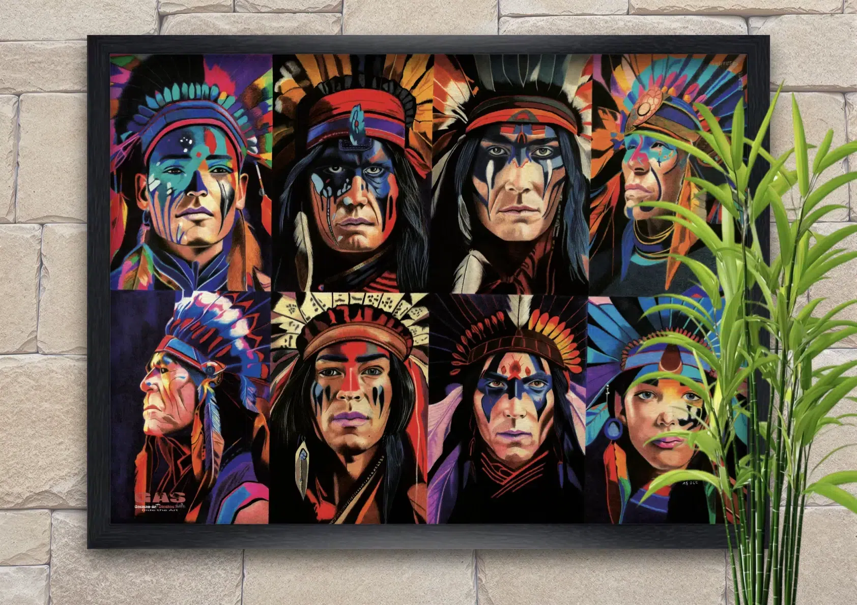 portraits-mythiques-15oct2023-cadre-noir-gomme-art-studios Tableau en format paysage représentant huit portraits d'Amérindiens. Crayons de couleur. Tableau mis en valeur par un cadre noir. Réalisation du tableau par l'artiste BB de Gomme-art Studios.