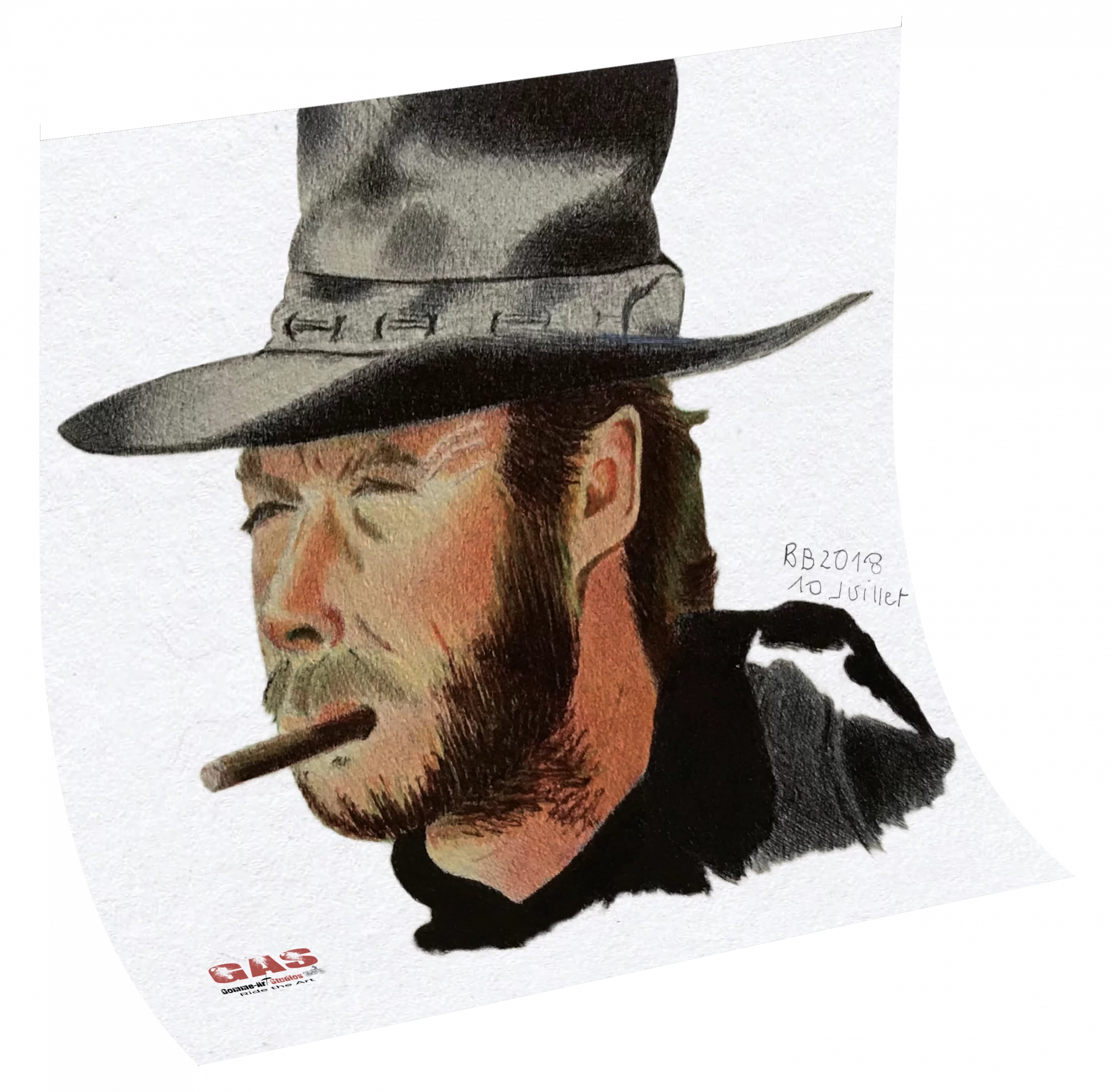 Portrait aux stylos à bille couleur Clint Easwood, jeune. L'acteur porte un chapeau, un bandana noué autour du cou et il fume le cigare. Portrait sur papier d'art Hahnemühle. Portrait réalisé par l'artiste BB de Gomme-art Studios.
