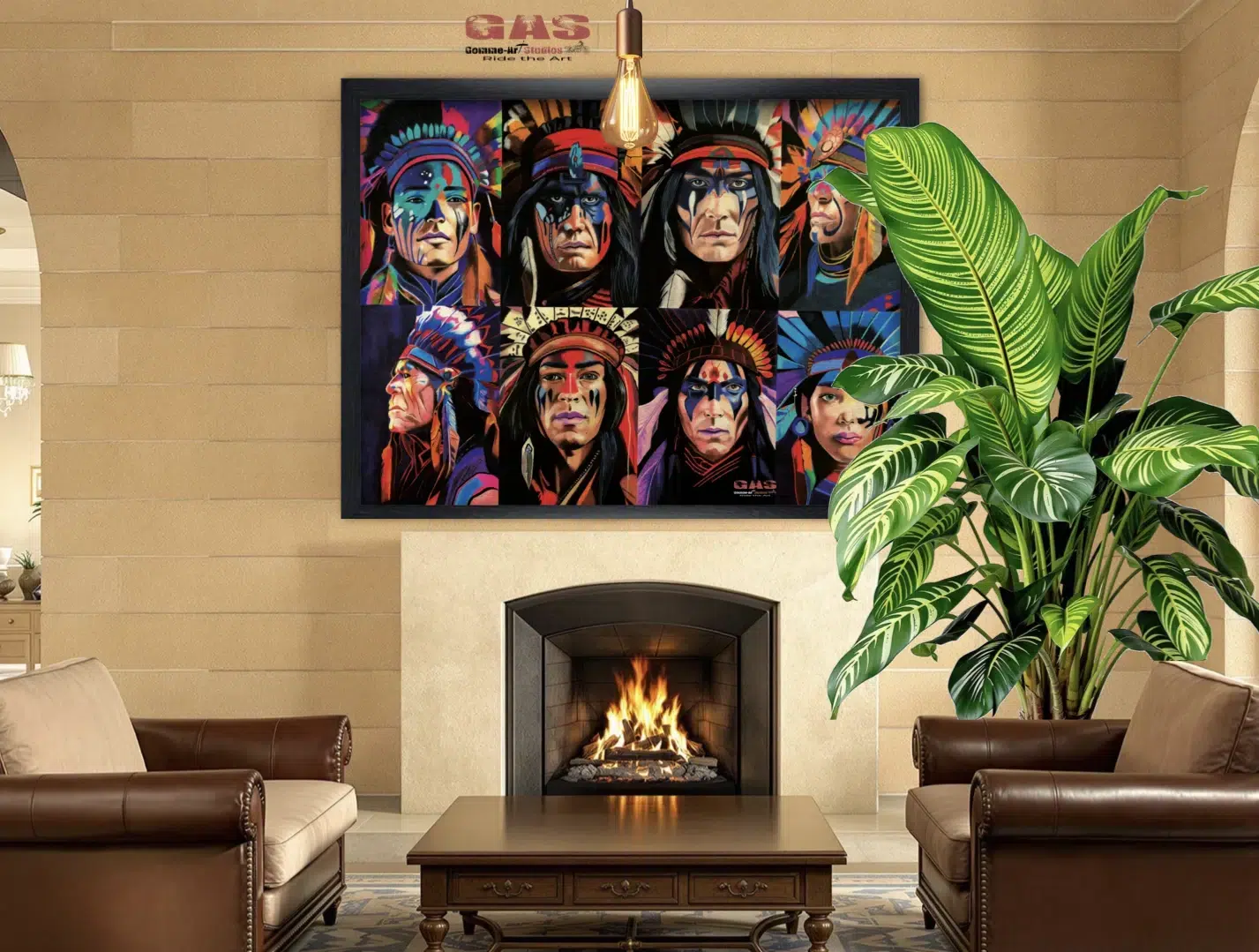 portraits-mythiques-kwanita-15dec2023-mise-en-situation-gomme-art-studios Tableau en format paysage représentant des portraits d'Amérindiens aux crayons de couleur. Tableau accroché au mur d'un salon et mis en valeur par un cadre noir. Réalisation du tableau par l'artiste BB de Gomme-art Studios.