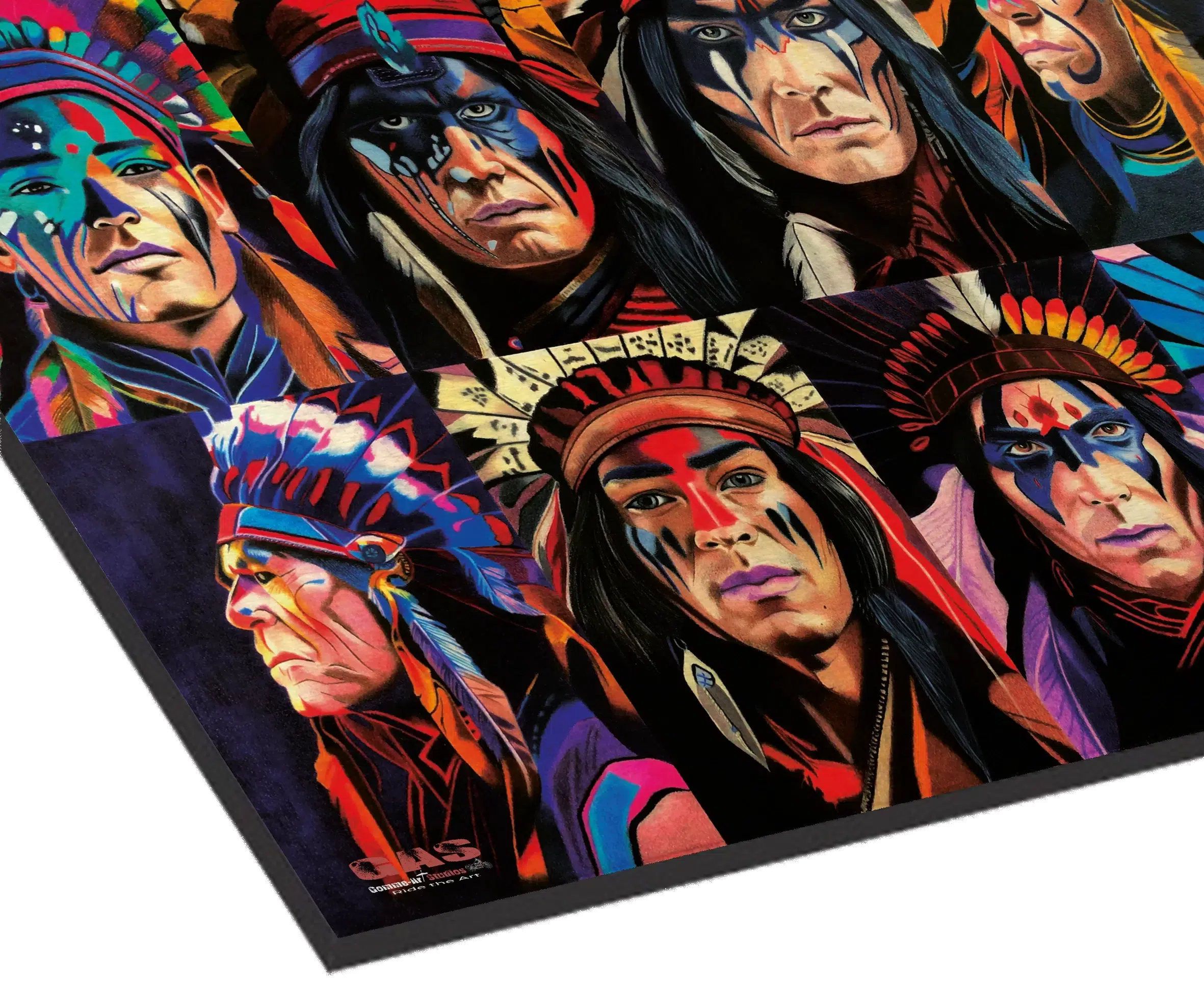 portraits-mythiques-kwanita-15oct2023-alu-dibond-gomme-art-studios Tableau en format paysage représentant huit portraits d'Amérindiens. Crayons de couleur. Tableau sur Alu-Dibond. Réalisation du tableau par l'artiste BB de Gomme-art Studios.
