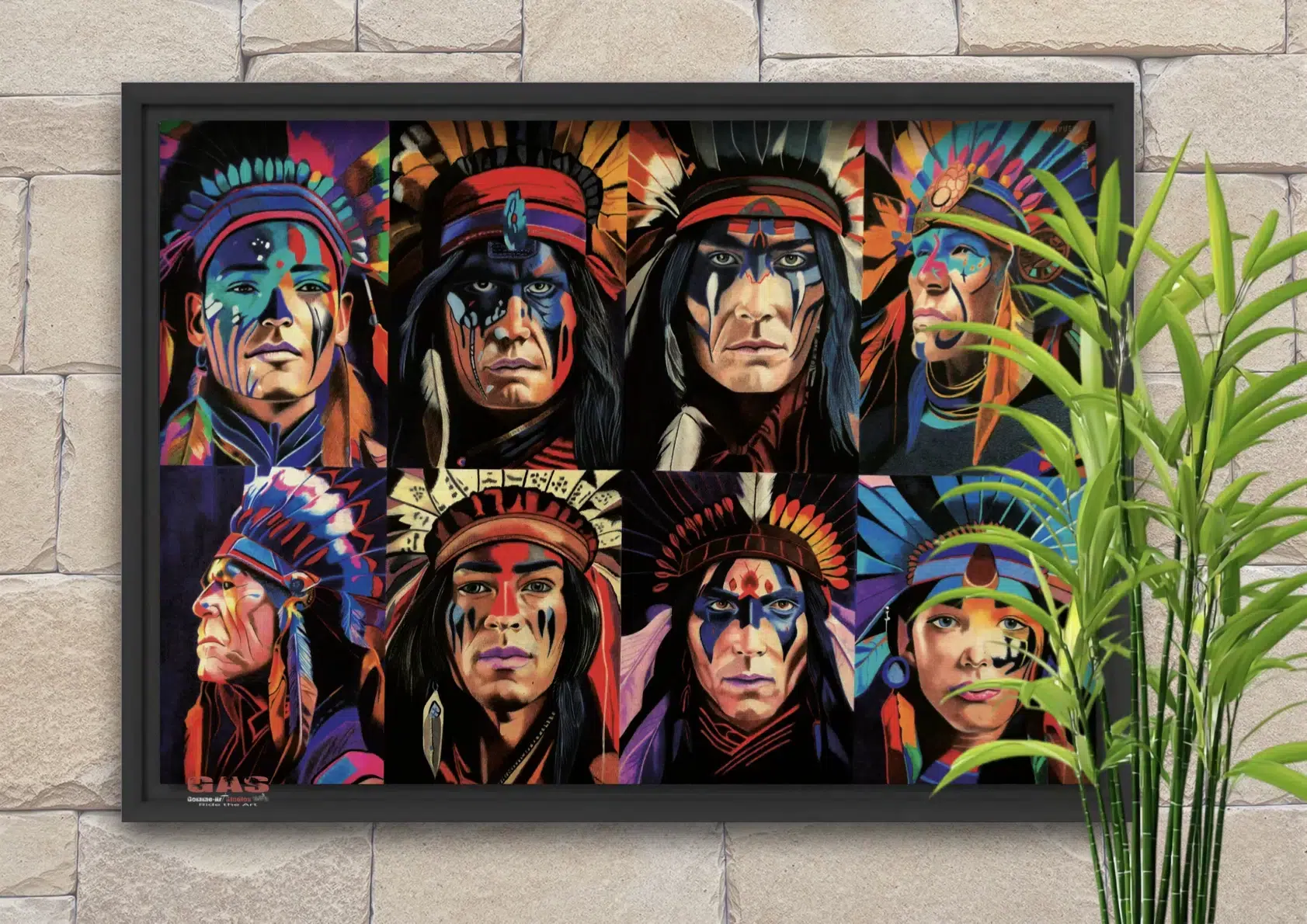 portraits-mythiques-kwanita-15oct2023-caisse-americaine-gomme-art-studios Tableau en format paysage représentant huit portraits d'Amérindiens. Crayons de couleur. Tableau encadré d'une caisse américaine. Réalisation du tableau par l'artiste BB de Gomme-art Studios.