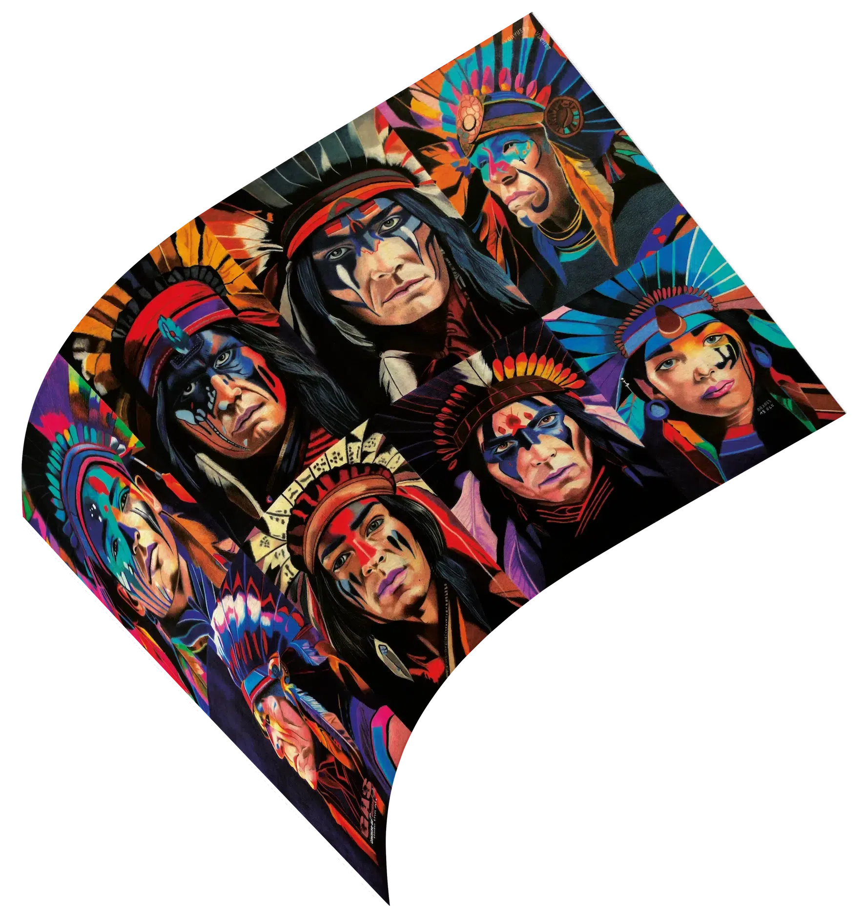 portraits-mythiques-kwanita-15oct2023-hahnemuhle-gomme-art-studios Tableau en format paysage représentant huit portraits d'Amérindiens. Crayons de couleur. Tableau sur papier Hahnemühle. Réalisation du tableau par l'artiste BB de Gomme-art Studios.