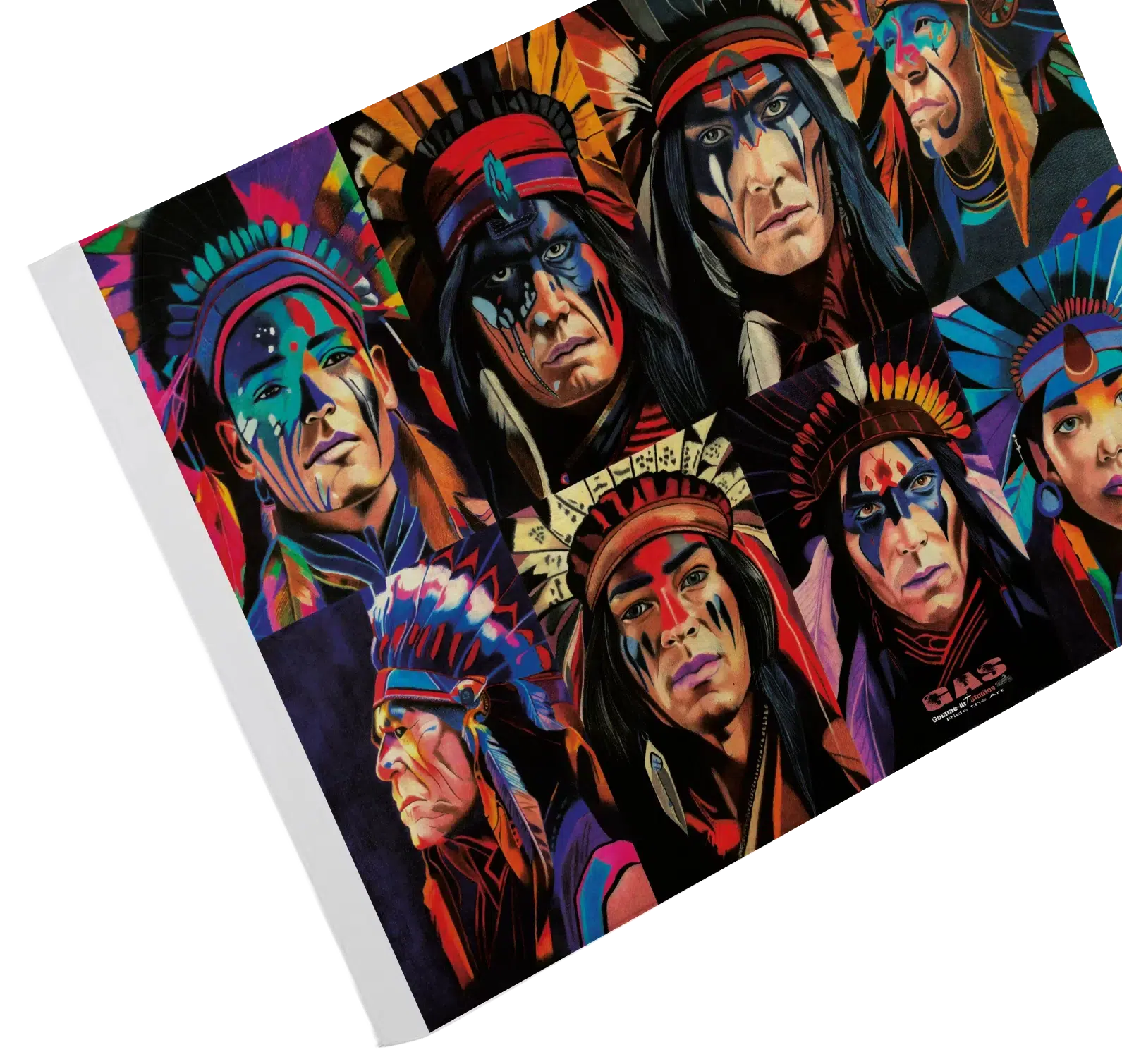 portraits-mythiques-kwanita-15oct2023-toile-sur-chassis-gomme-art-studios Tableau en format paysage représentant huit portraits d'Amérindiens. Crayons de couleur. Tableau sur toile. Réalisation du tableau par l'artiste BB de Gomme-art Studios.