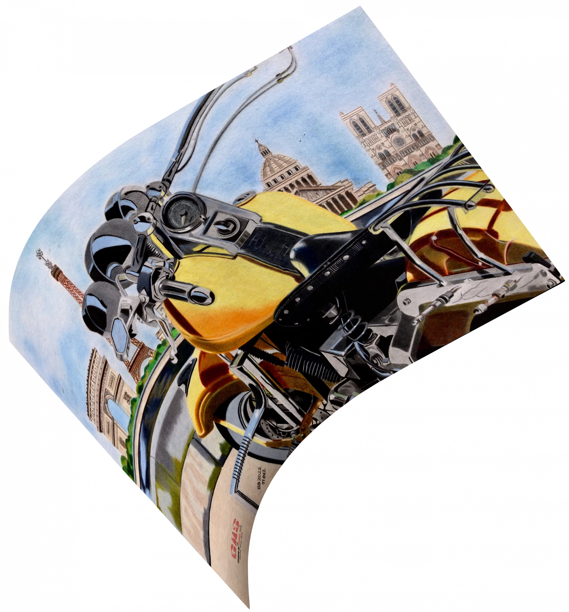 harley-paris-hog-11oct2022-hahnemuhle-gomme-art-studios Tableau en format paysage représentant Harley-Davidson face à la Seine et aux monuments de Paris (Arc de Triomphe, Tour Eiffel, Notre-Dame, Panthéon). Crayons de couleur. Tableau sur papier Hahnemühle. Réalisation du tableau par l'artiste BB de Gomme-art Studios.