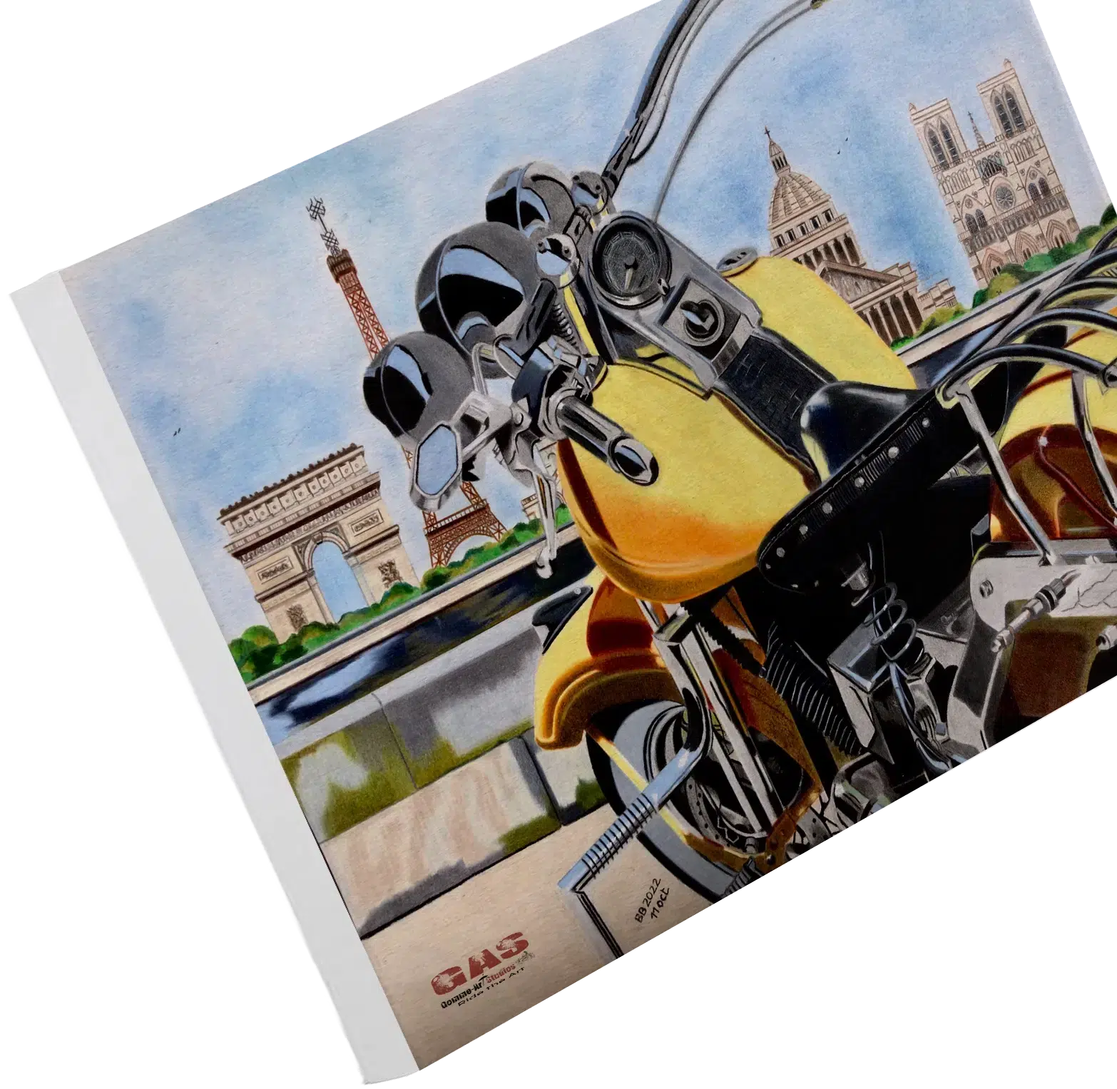 harley-paris-hog-11oct2022-toile-sur-chassis-gomme-art-studios Tableau en format paysage représentant Harley-Davidson face à la Seine et aux monuments de Paris (Arc de Triomphe, Tour Eiffel, Notre-Dame, Panthéon). Crayons de couleur. Tableau reproduit sur toile sans cadre. Réalisation du tableau par l'artiste BB de Gomme-art Studios.