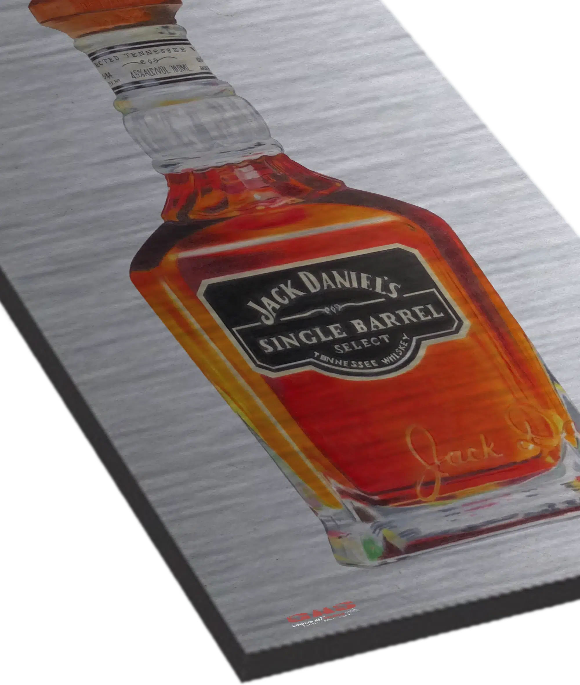 Tableau au format rectangulaire représentant une bouteille de Jack Daniel's. Reproduction sur AluDibond. Sans cadre. Réalisation du tableau original par l'artiste BB de Gomme-art Studios.