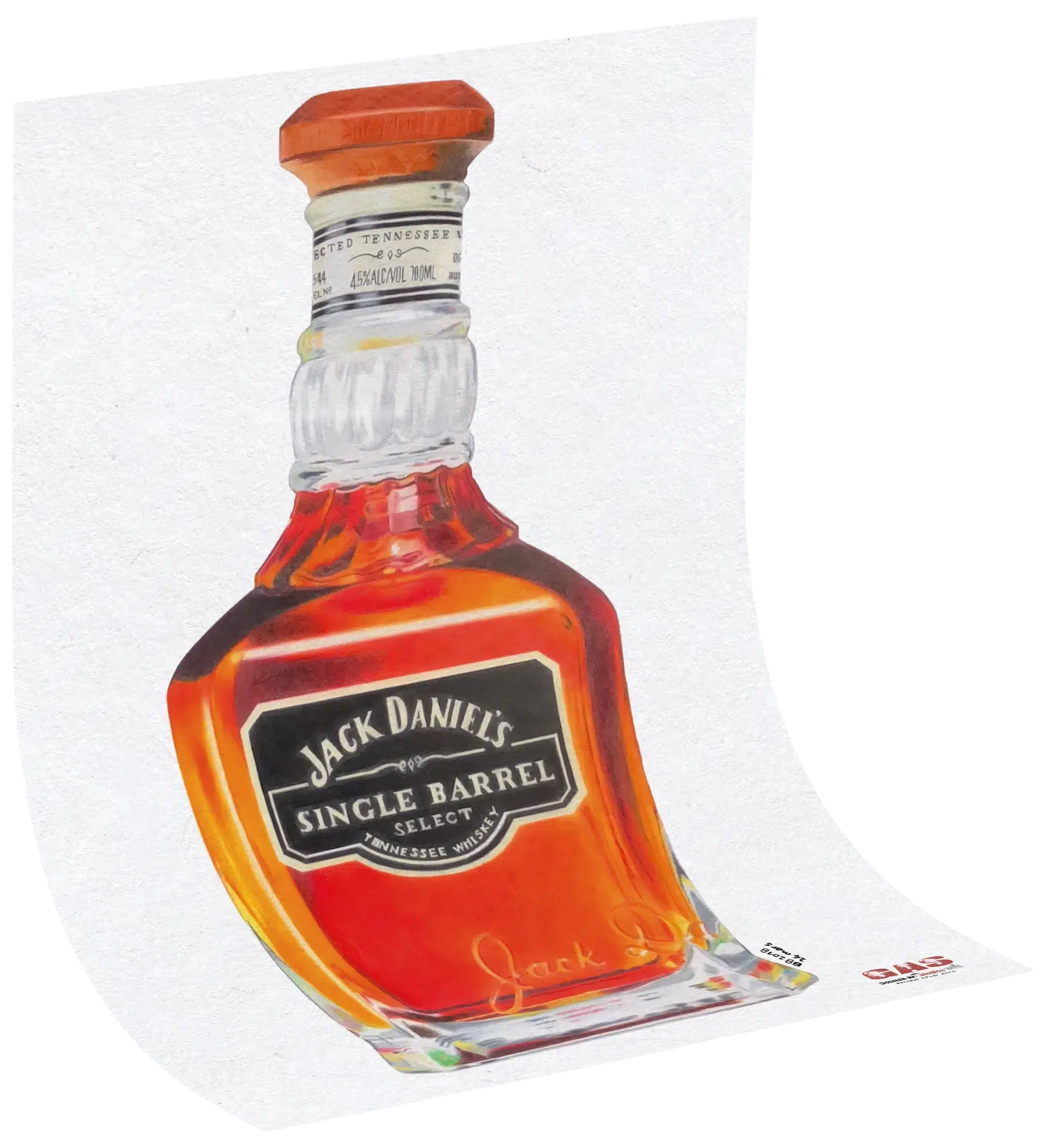 Tableau au format rectangulaire représentant une bouteille de Jack Daniel's. Reproduction sur papier d'art Hahnemühle. Sans cadre. Réalisation du tableau original par l'artiste BB de Gomme-art Studios.