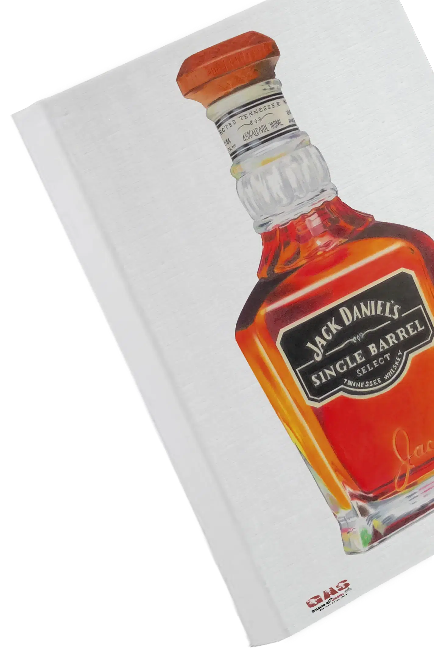 Tableau au format rectangulaire représentant une bouteille de Jack Daniel's. Reproduction sur toile avec châssis. Sans cadre. Réalisation du tableau original par l'artiste BB de Gomme-art Studios.
